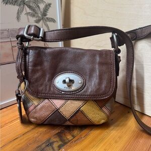 Fossil Brown Leather Crossbody with Multicolor Patchwork Trim
